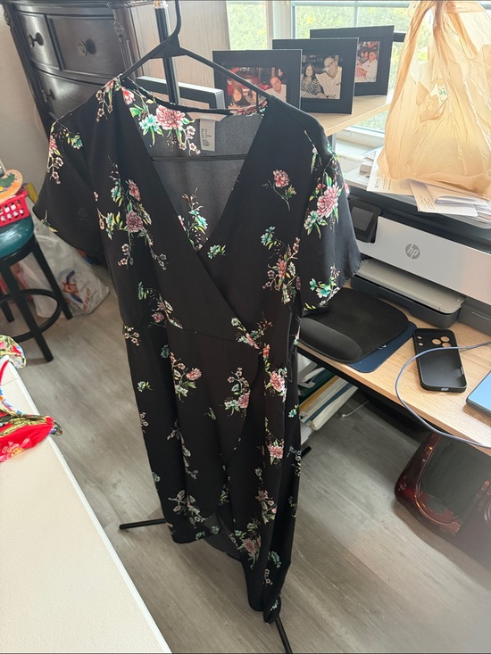 H&M Dresses & Skirts - H&M Black Midi Wrap Dress with Pink and Green Floral Print